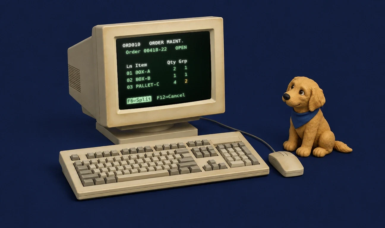 An old office computer showing a green order screen, with its keyboard and mouse