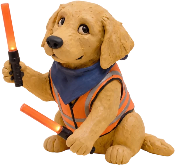The mascot as an airport marshaller, with two lit wands