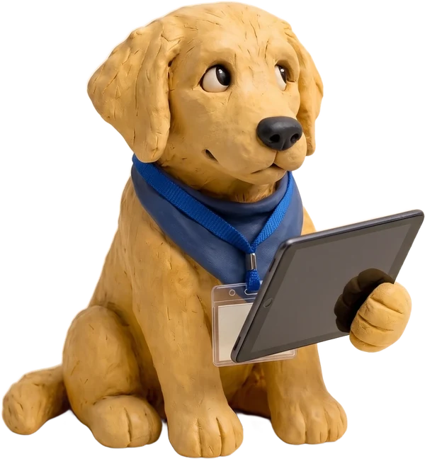 The mascot with a badge, holding a tablet