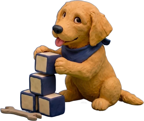 The mascot, stacking blocks
