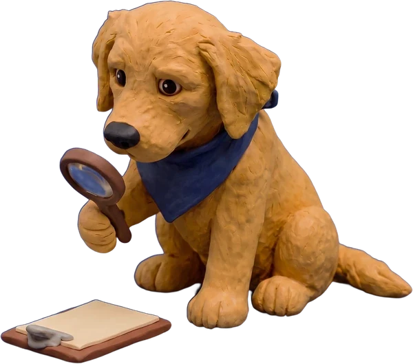The mascot, checking a page with a magnifying glass