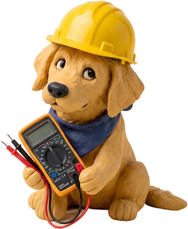 The mascot in a hard hat, holding a multimeter