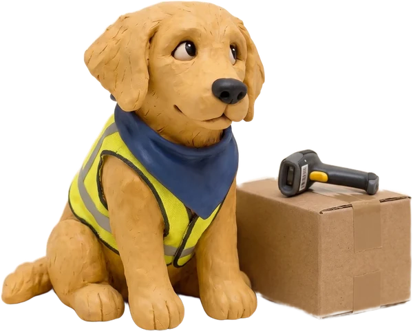 The mascot in a safety vest, next to a box and a scanner