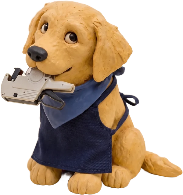 The mascot in an apron, holding a price gun in its mouth